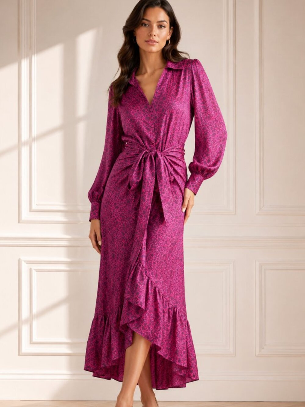 Cinq à Sept Sydney Long Sleeve Pink Floral Satin Tie Waist Ruffle Midi Dress